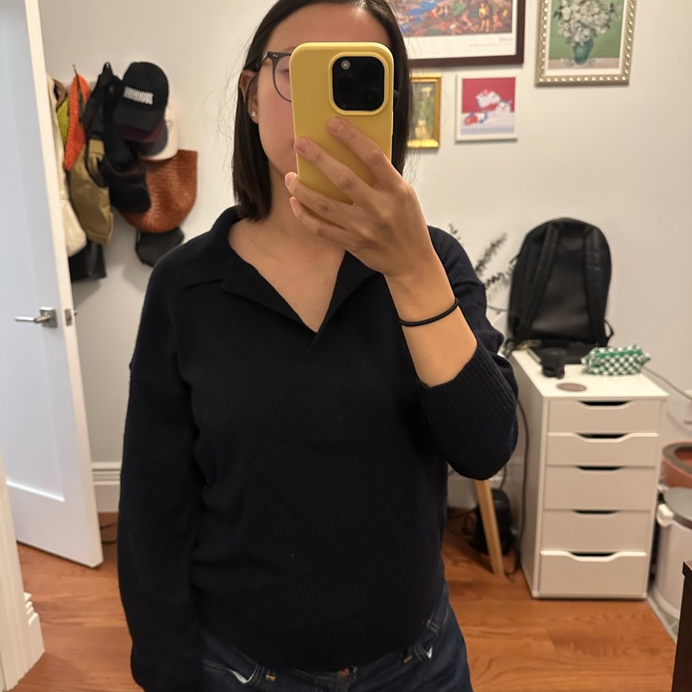 Everlane Navy Cashmere Polo V Neck Sweater